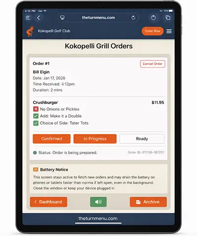 iPad showing The Turn Menu order management interface